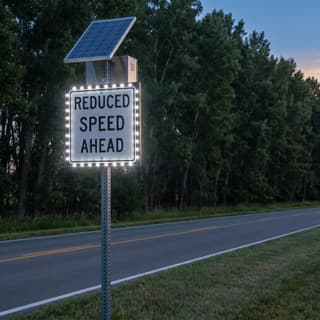 Illustration: a solar flashing reduced speed ahead sign glowing on a two-lane highway after dark.