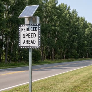 Illustration: a solar flashing reduced speed ahead sign on a two-lane highway entering a small town.