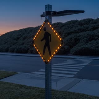 Illustration: a solar LED diamond retrofit frame glowing around a pedestrian crossing sign at a crosswalk after dark.