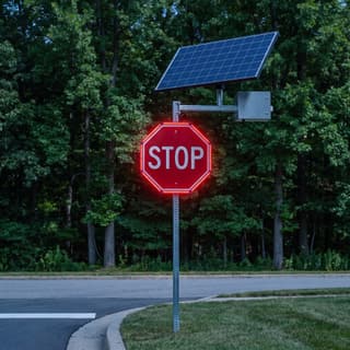 Illustration: a solar LED octagon retrofit frame glowing around a stop sign at a residential intersection after dark.