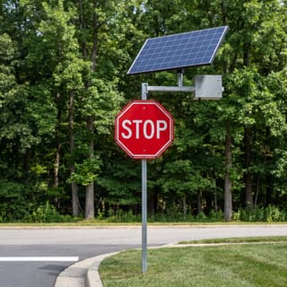 Illustration: a solar LED octagon retrofit frame lighting the border of a stop sign at a residential intersection.