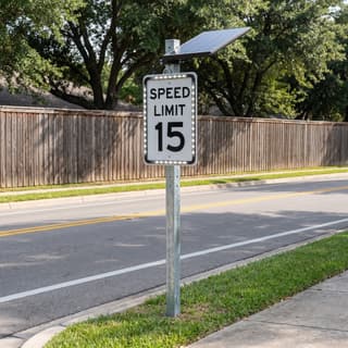 Illustration: a solar LED rectangle retrofit frame lighting the border of a speed limit sign on a residential street.