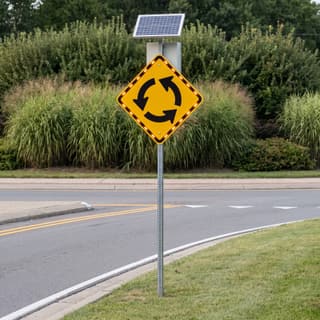 Illustration: a solar flashing roundabout warning sign on the approach to a single-lane roundabout.