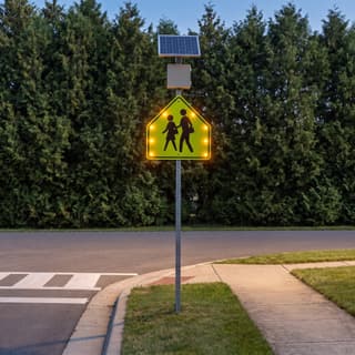 Illustration: a solar flashing school crossing sign glowing at a crosswalk on a small-town street after dark.
