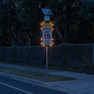 Illustration: a solar flashing school speed limit sign glowing on a suburban arterial after dark.