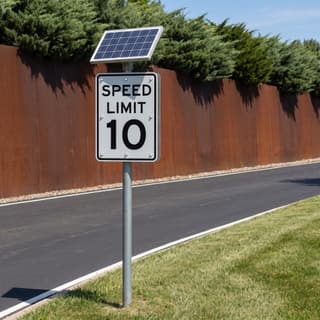 Illustration: a solar LED flashing 10 mph speed limit sign on a private office-campus drive.