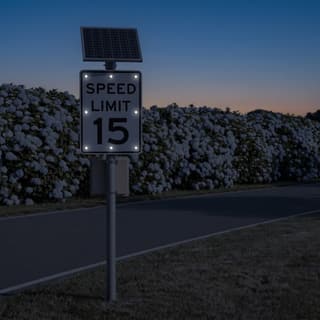 Illustration: a solar LED flashing 15 mph speed limit sign glowing on a park road through a public garden after dark.