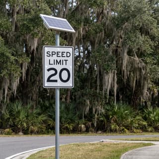 Illustration: a solar LED flashing 20 mph speed limit sign on a residential street lined with live oaks.