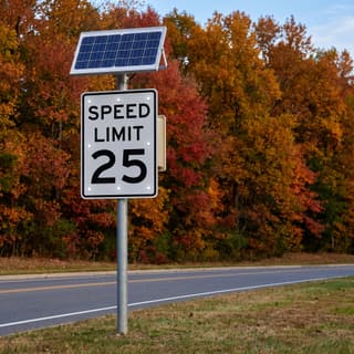 Illustration: a solar LED flashing 25 mph speed limit sign on a suburban road beside a wood in autumn colour.