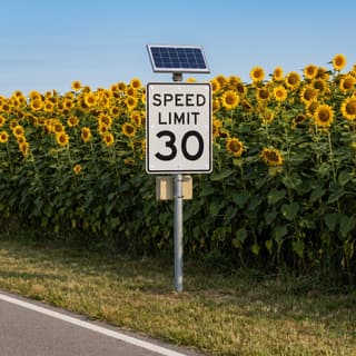 Illustration: a solar LED flashing 30 mph speed limit sign on a country road beside a sunflower field.