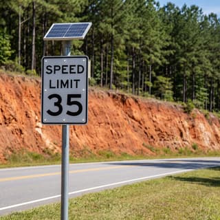 Illustration: a solar LED flashing 35 mph speed limit sign on a state road below a red clay bank.