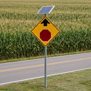 Illustration: a solar LED flashing stop ahead sign on a country road where standing corn hides the crossroads.