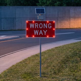 Illustration: a solar flashing wrong way sign glowing at a divided-highway exit ramp after dark.