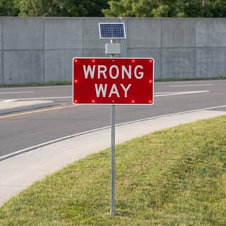 Illustration: a solar flashing wrong way sign at the foot of a divided-highway exit ramp.
