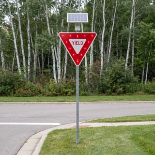 Illustration: a solar flashing yield sign where a residential side street meets a through street.