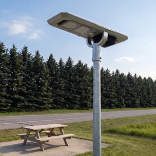 Illustration: a compact silver all-in-one solar LED light, switched off and charging, over a highway picnic pull-off in daylight.