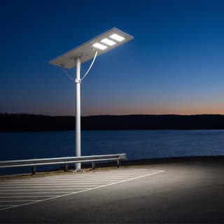 Illustration: a long slim white all-in-one solar LED lot light on a pole over a county boat-ramp parking lot at dusk.
