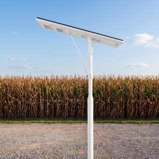 Illustration: a white all-in-one solar LED street light, switched off and charging, capping its pole over a fairgrounds gravel lot in daylight.